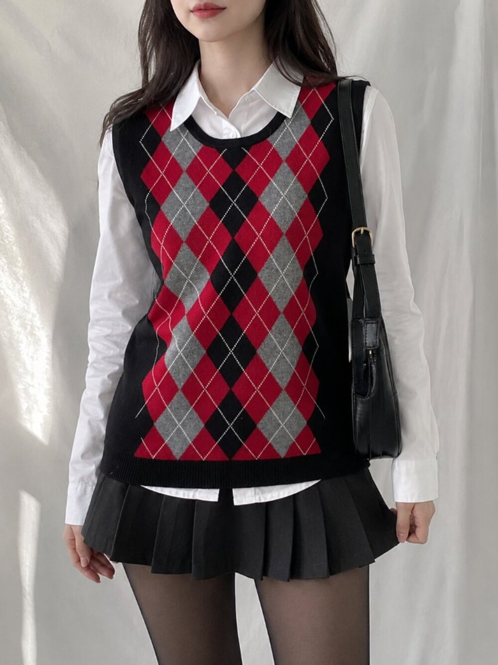 Liz Claiborne Argyle Sweater Vest in Red/Gray — Women's L, Silk Angora